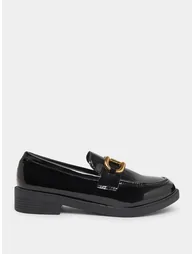Black Metal Buckle Detail Patent Leather Loafers