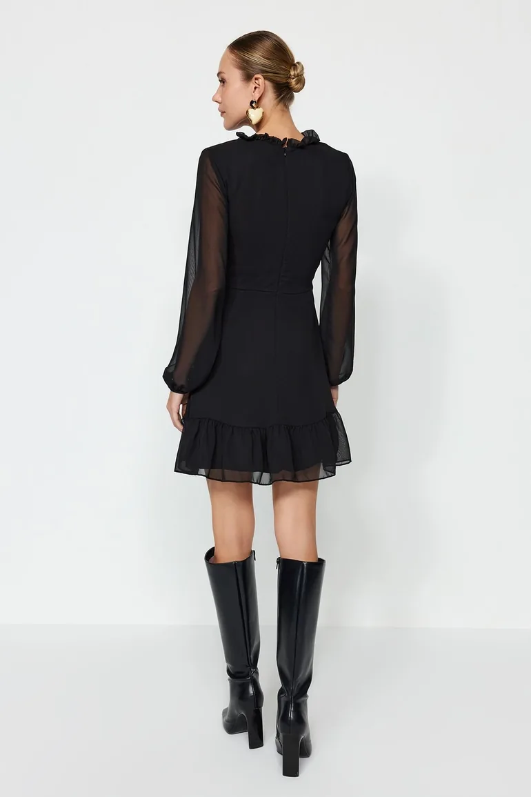 Black Chiffon A-Line Mini Skater Dress with Ruffles - 3
