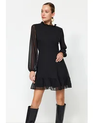 Black Chiffon A-Line Mini Skater Dress with Ruffles - 1
