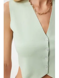 Women's Aqua Green V-Neck Buttoned Summer Knitwear Vest - 1
