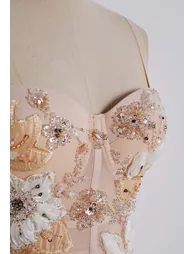 Tapework Lace Sequins Beaded Bustier Top in Apricot for Bridal Showers & Cocktail Parties - 2