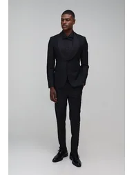 Slim Fit Satin Panel Suit Trousers - black