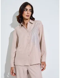 Beige Relaxed Shirt and Straight Leg Pants Modest Set - 1