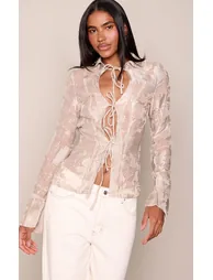 Beige Floral Chiffon Tie Front Shirt - 1