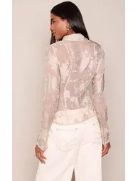 Beige Floral Chiffon Tie Front Shirt - 2