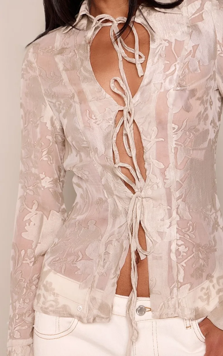 Beige Floral Chiffon Tie Front Shirt - 3