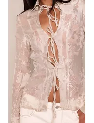 Beige Floral Chiffon Tie Front Shirt - 3