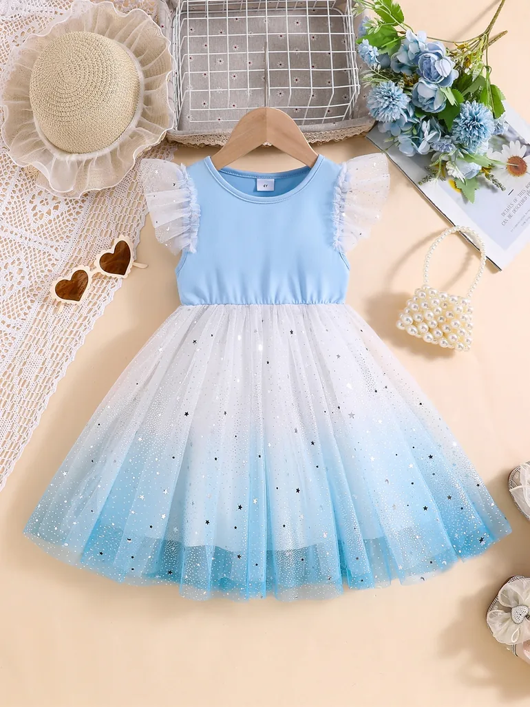 Girls Mesh Tulle Ruffled Sleeve Dress