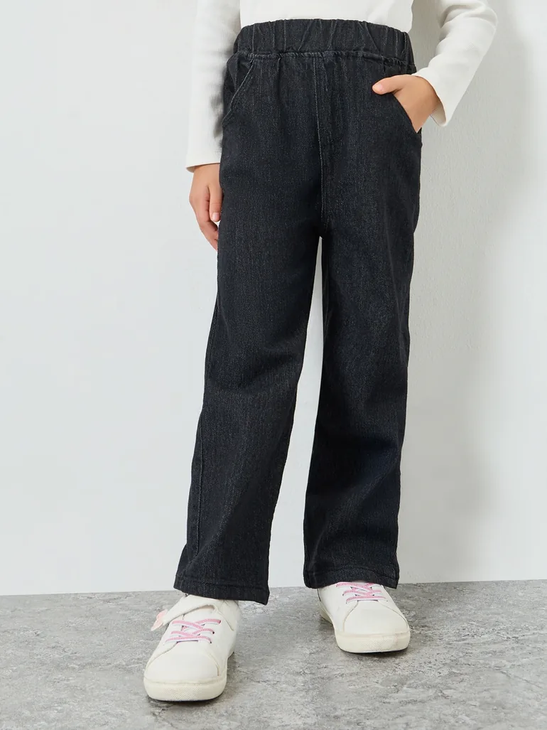 Girls Black Cotton Straight Leg Jeans