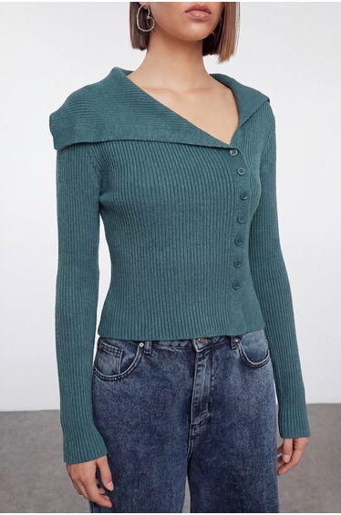 Petrol Mercerized Look Premium Yarn/Special Yarn Fitted/Body-Hugging Knitwear Cardigan product thumbnail 3