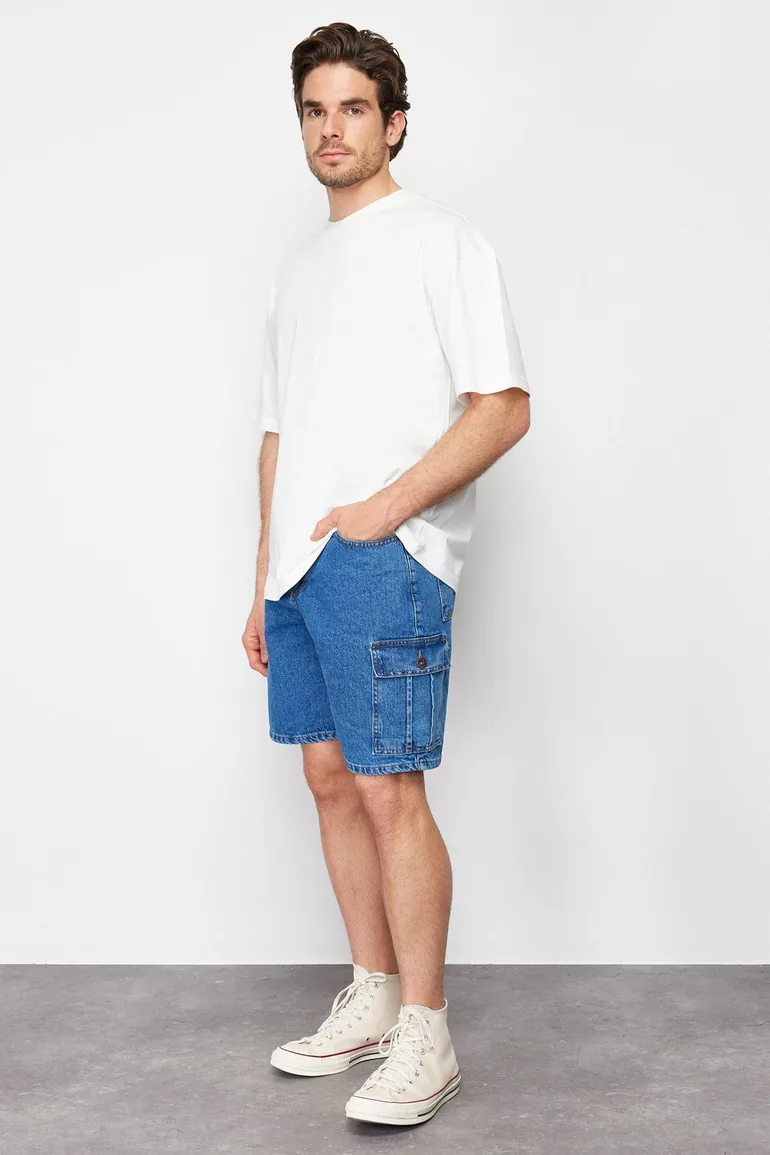Men's Blue Regular Fit Cargo Pocket Denim Shorts - 1