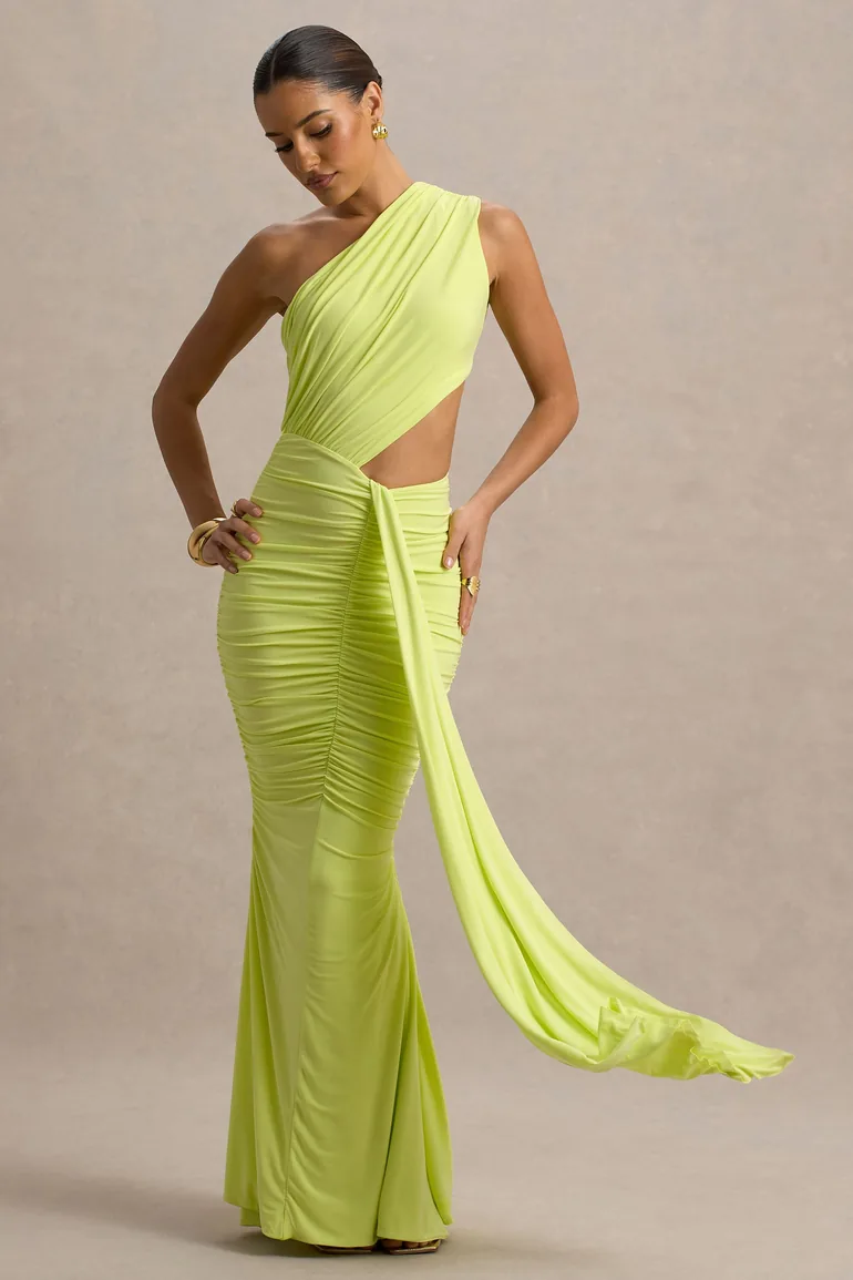 one shoulder lime green dress Swirl Frilled One Shoulder Lime Green Dress 12