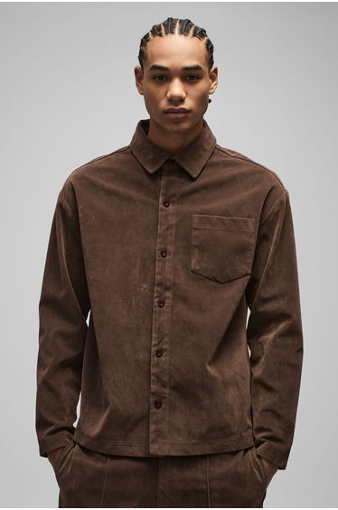 Oversized Heavyweight Faux Suede Collared Shirt - chocolate