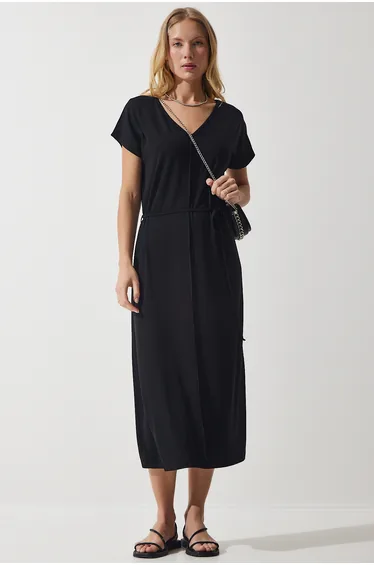 Women's Black Belted V Neck Viscose Dress