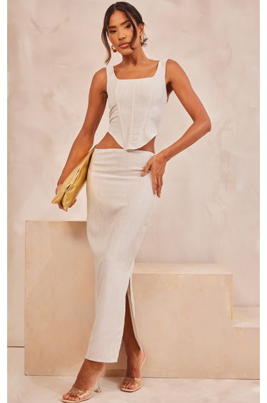Stone Linen Look Low Rise Midaxi Skirt