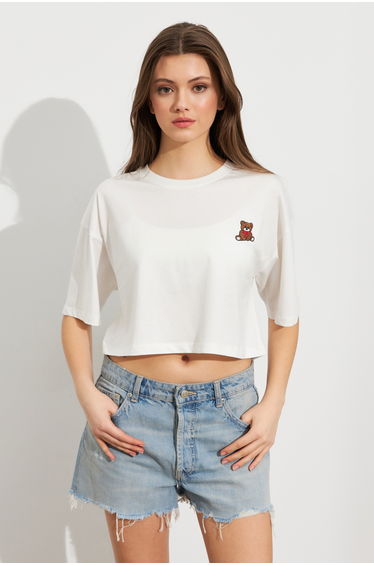 Women's White Teddy Bear Embroidered Crop T-Shirt