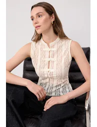 Ecru Fitted/Slim Fit High Neck Sleeveless Buttoned Lace Knitted Blouse - 3