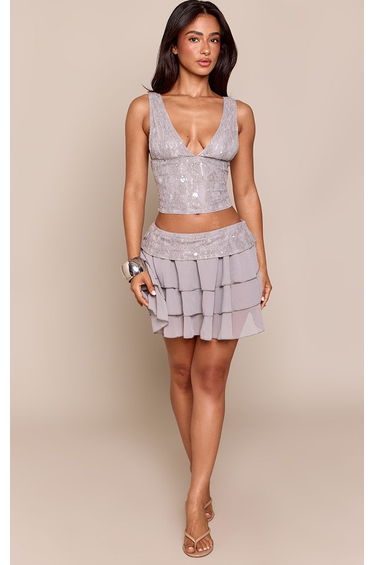 Petite Grey Sequin Lace Fitted Top Co-ord