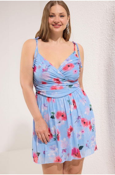 Multicolor Double Breasted Neckline Floral Pattern Tulle Skater Mini Knitted Plus Size Dress