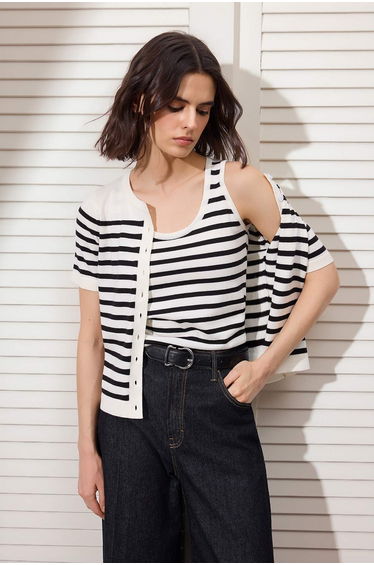 Ecru Striped Crew Neck 2-Piece Blouse-Cardigan Knitwear Cardigan