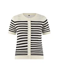 Ecru Striped Crew Neck 2-Piece Blouse-Cardigan Knitwear Cardigan - 4