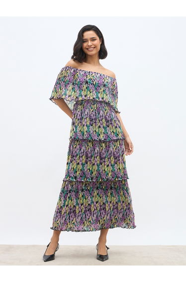All-Over Floral Print Off-Shoulder Tiered Dress