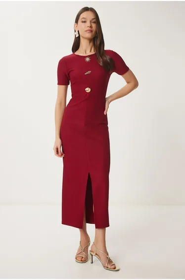 Women's Burgundy Gold Accessory Ribbed Knitted Dress