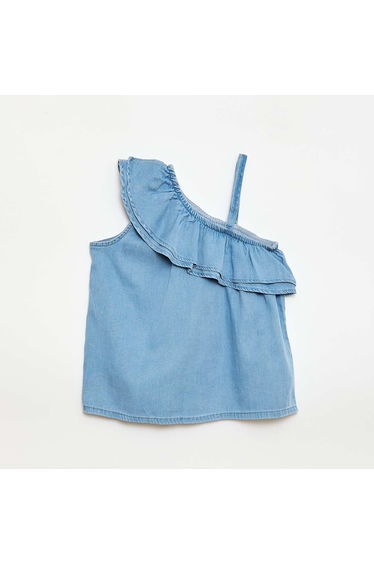 Asymmetric Strappy Top with Ruffled Collar BLUE