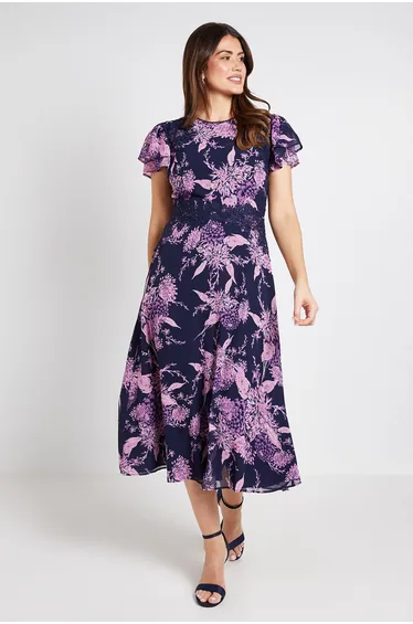 Floral Lace Ruffle Sleeve Midi Dress