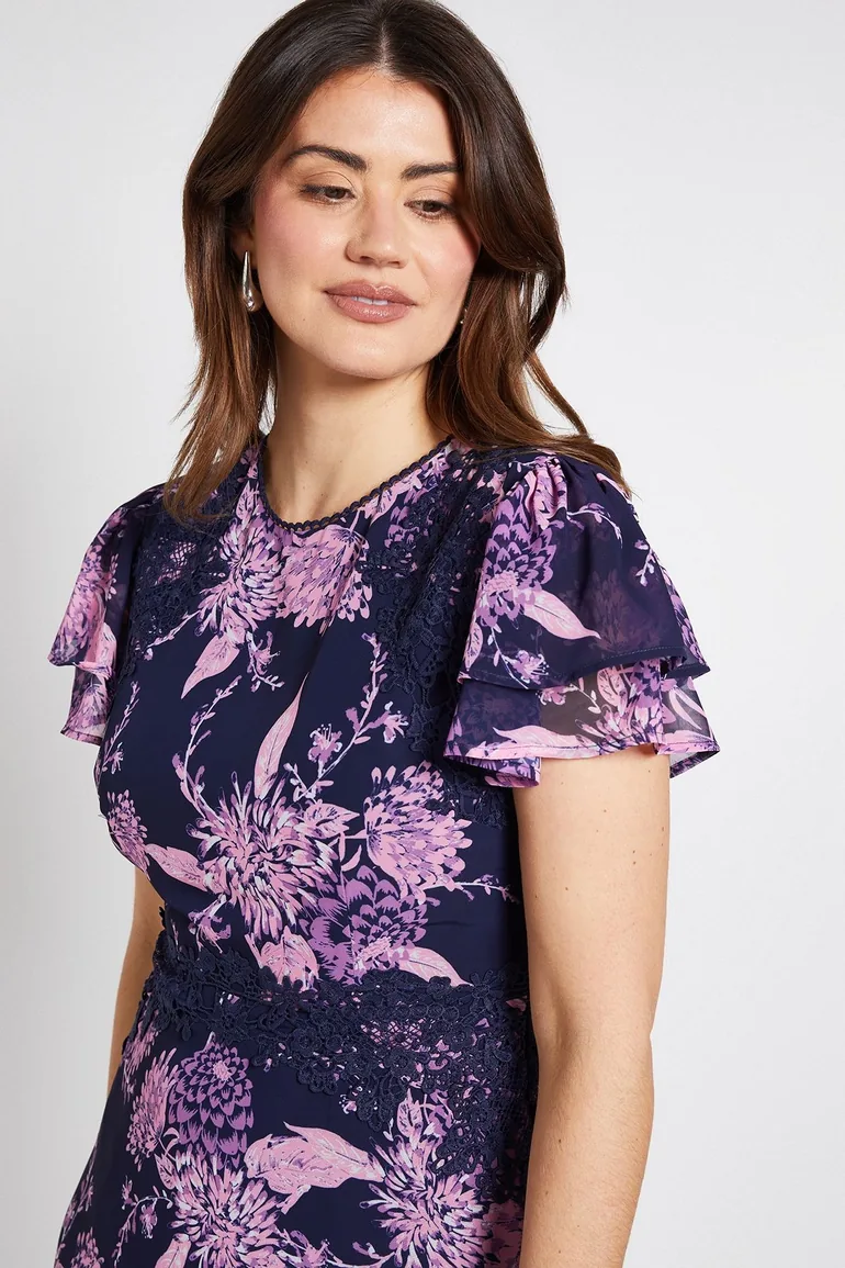 فستان ميدي بأكمام كشكش بدانتيل بنقشة أزهار - 3