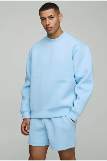 Oversized Bonded Scuba Sweatshirt Short Tracksuit - light blue