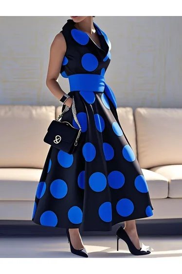 فستان قميص ماكسي بربطة خصر بتصميم بشكل A بجيوب بفتحة بطبعة منقطة