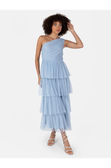 Blue Ruched A-Line Maxi Smock Dress with Ruffles