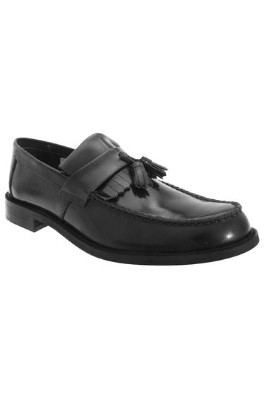 Roamers Mens Toggle Saddle Hi-Shine Leather Loafers - Black