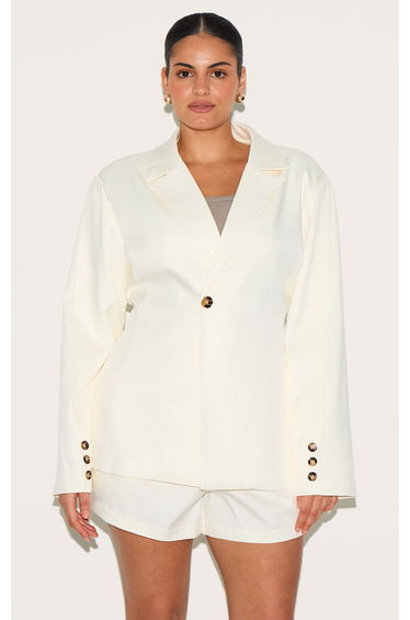 Plus Cream Tailored Woven Cinch Waist Blazer