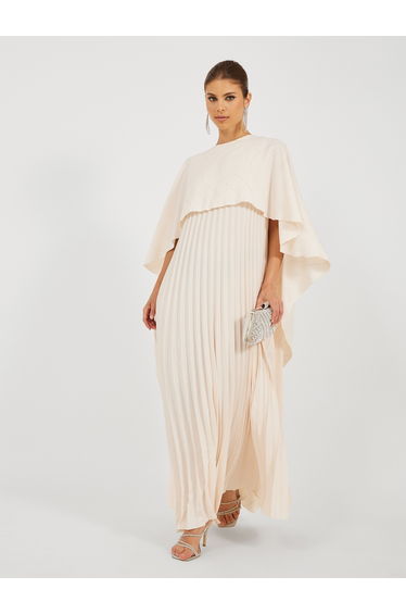 Solid Pleated Cape Sleeve A-Line Maxi Dress