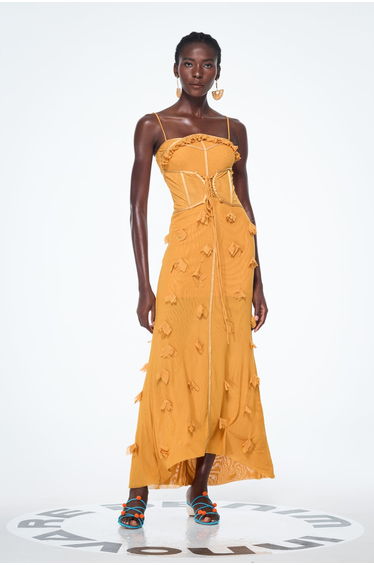 Anoush Flower Spaghetti Lace Up Maxi Dress