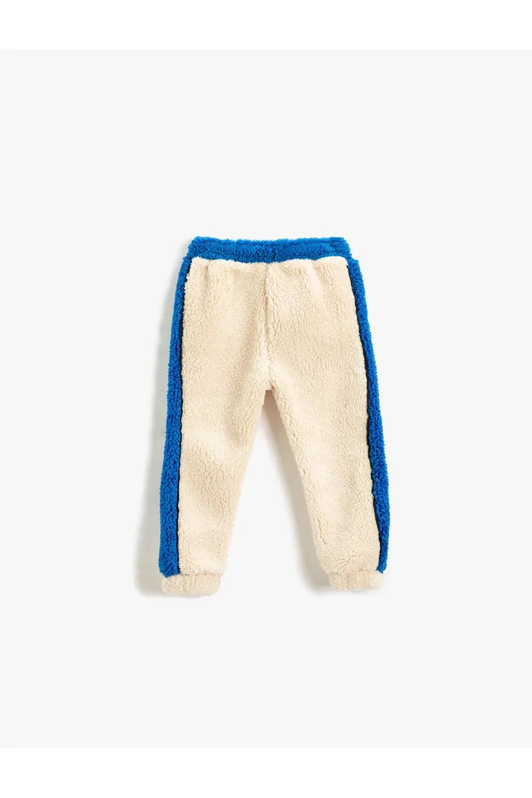 Plush Sweatpants Color Contrast Tie Waist Fleto With Pocket. - 2