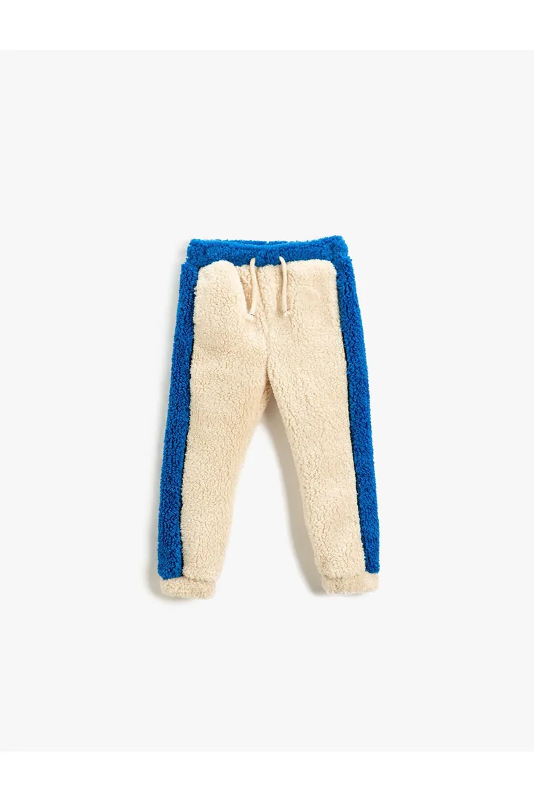 Plush Sweatpants Color Contrast Tie Waist Fleto With Pocket.