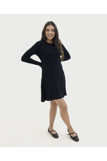 Plain black wool dress with round neck