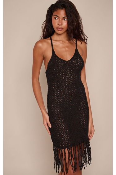 Black Cami Strap Crochet Knit Contrast Tassel Detail Mini Dress