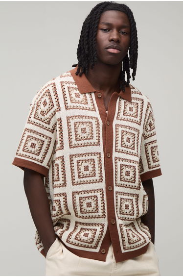 Relaxed Crochet Patch Tapestry Knitted Shirt - stone