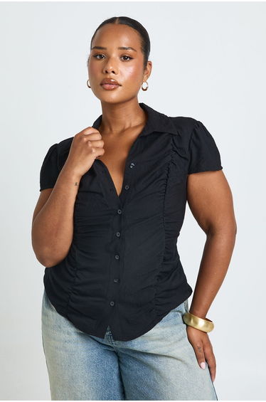 Plus Ruched Fitted Shirt - black