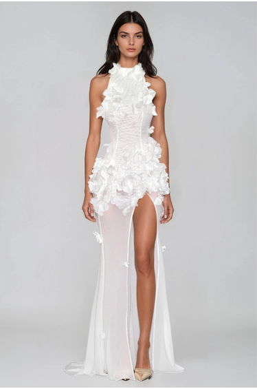 Kira Flower High Split Mesh Maxi Dress