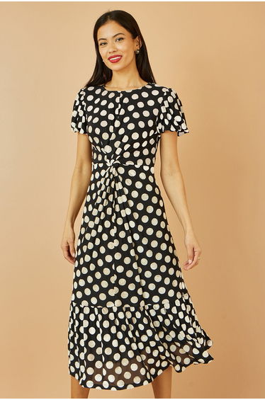 Yumi Black Velvet Spot Print Twist Knot Waist Midi Dress