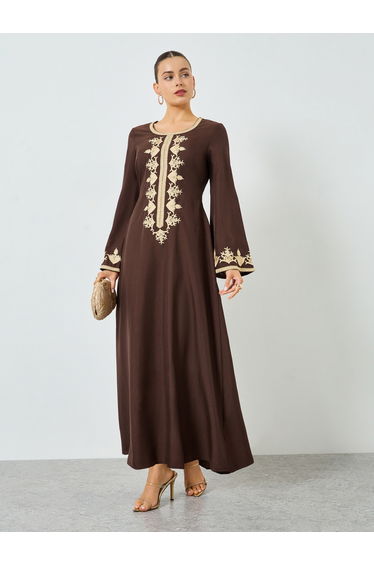 Brown Embroidered A-Line Jalabiya