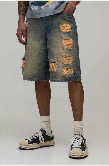 Extreme Baggy Ripped Denim Shorts - blue