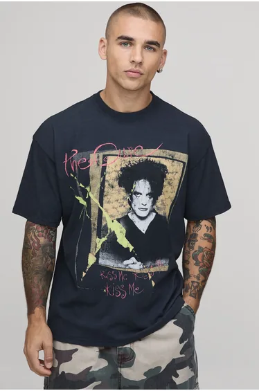 Oversized The Cure Acid Wash Graphic Printed License T-shirt - washed black