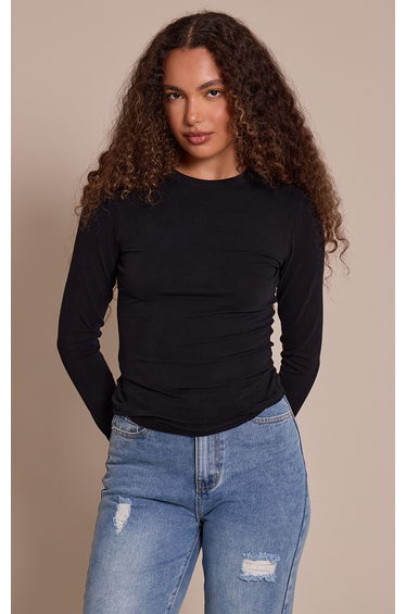 Tall Black Soft Cotton Crew Neck Longline Long Sleeve Top