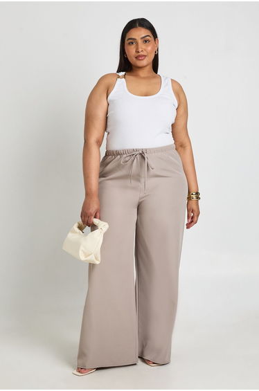 Plus Woven Elasticated Waist Drawstring Wide Leg Trouser - stone